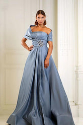 Off the Shoulder Sleeveless Long Evening Formal Dress With Pleated Beading