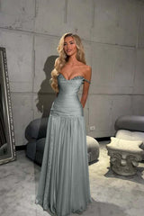 Off the Shoulder Sleeveless Long Evening Formal Dress With Pleated Sequined