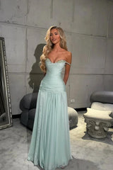Off the Shoulder Sleeveless Long Evening Formal Dress With Pleated Sequined