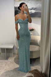 Off the Shoulder Sleeveless Long Mermaid Evening Formal Dress With Sequined