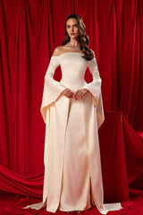 Off the Shoulder Strapless Long Sleeves Long Evening Formal Dress With Ruffled