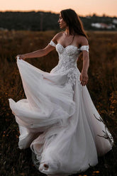 Off-the-Shoulder Sweetheart Floral Lace Beach Wedding Dress Tulle Sweetheart Beach Bridal Dress