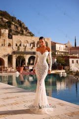 Off the Shoulder Wedding Dress Mermaid Lace Appliques Bridal Dress with Panel Train