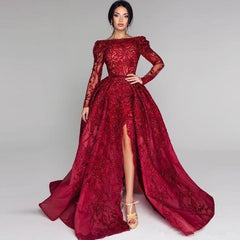 Off-the-shoulder Beading Side Split Prom Dress | Sexy Long Sleeve Appliques Evening Gowns