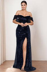 Off the shoulder Sequined Mother of the Bride & Groom Column Dress with Front Split