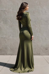 Suzhoufashion Olive Mermaid Boat Neck Satin Ruched Long Sleeves Evening Dress With Slit