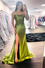 Olive Prom Dress Satin Corset Strapless Long Formal Dress With Slit