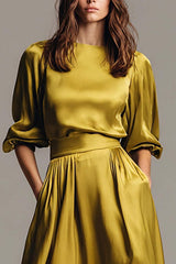 Suzhoufashion Olive Satin A-Line Long Evening Dress With Sleeves