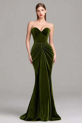 Olive Velvet Mermaid Weetheart Ruched Long Corset Prom Dress