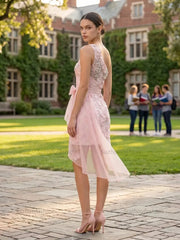 One-Shoulder 3D Floral Mini Dress with Tulle Sash Homecoming Dresses