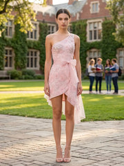 One-Shoulder 3D Floral Mini Dress with Tulle Sash Homecoming Dresses