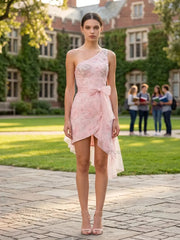 One-Shoulder 3D Floral Mini Dress with Tulle Sash Homecoming Dresses
