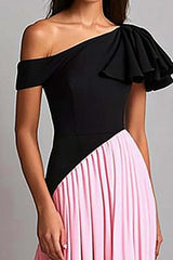One Shoulder A Line Elegant Black Pink Wedding Guest Dress Formal Dress