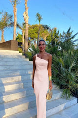 One Shoulder Backless Sleeveless Long Evening Formal Dress With Pleated