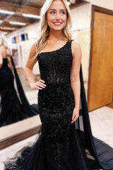 One Shoulder Black Prom Dress Tulle Cape Long Corset Formal Dress With Lace