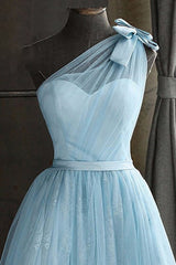 One Shoulder Blue Homecoming Dresses Prom Dress With Bowknot