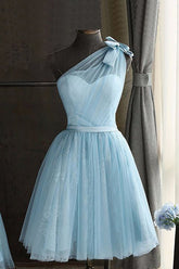 One Shoulder Blue Homecoming Dresses Prom Dress With Bowknot
