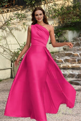 One Shoulder Bridesmaid Dress Fuchsia Wedding Guest Dress with Panel Train