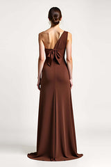 One Shoulder Brown Sheath Long Formal Dress With Bow