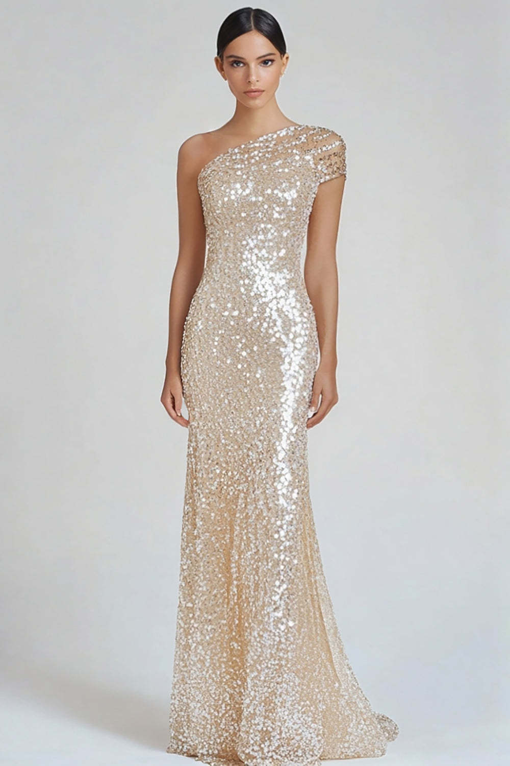 Suzhoufashion One Shoulder Champagne Wedding Guest Dress Sheath Long Formal Dress Suzhoufashion One Shoulder Champagne Wedding Guest Dress Sheath Long Formal Dress