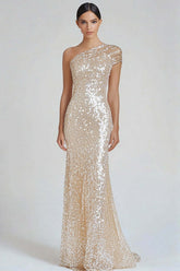 One Shoulder Champagne Wedding Guest Dress Sheath Long Formal Dress