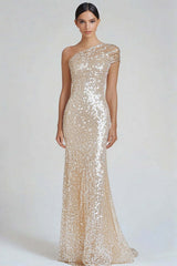 One Shoulder Champagne Wedding Guest Dress Sheath Long Formal Dress