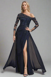 One Shoulder Long A Line Mother of the Bride Dress with Long Sleeves and High Slit