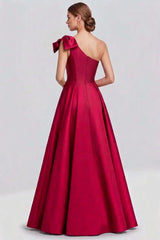 One Shoulder Fuchsia Wedding Guest Dress A Line Satin Long Formal Dress Bow