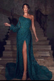 One Shoulder Long Sleeve Lace Prom Dress Mermaid Long With SPlit