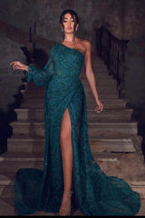 One Shoulder Long Sleeve Lace Prom Dress Mermaid Long With SPlit