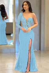 One Shoulder One Long Sleeve Backless Mermaid Split Evening Formal Dress With Appliques