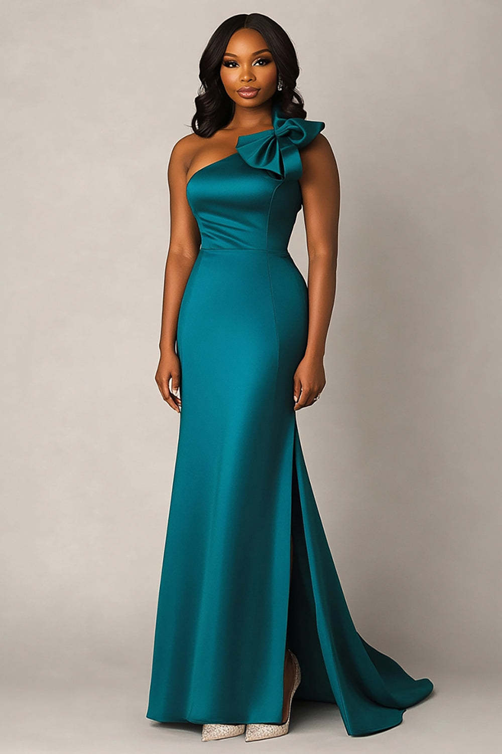 Suzhoufashion One Shoulder Peacock Satin Long Formal Dress With Bowknot Suzhoufashion One Shoulder Peacock Satin Long Formal Dress With Bowknot