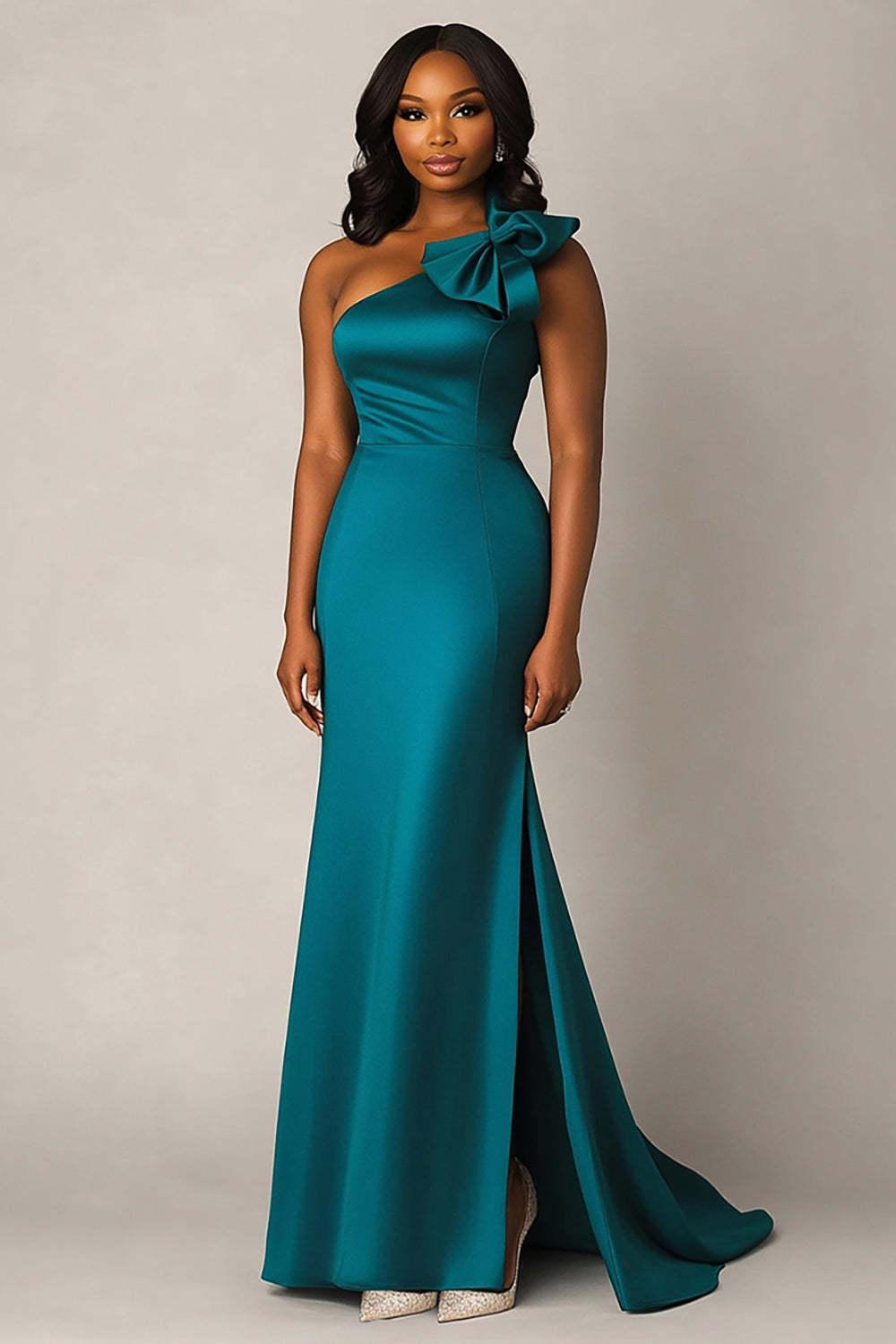 One Shoulder Peacock Satin Long Formal Dress With Bowknot