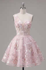 One Shoulder Pink Floral A Line Short Homecoming Dress