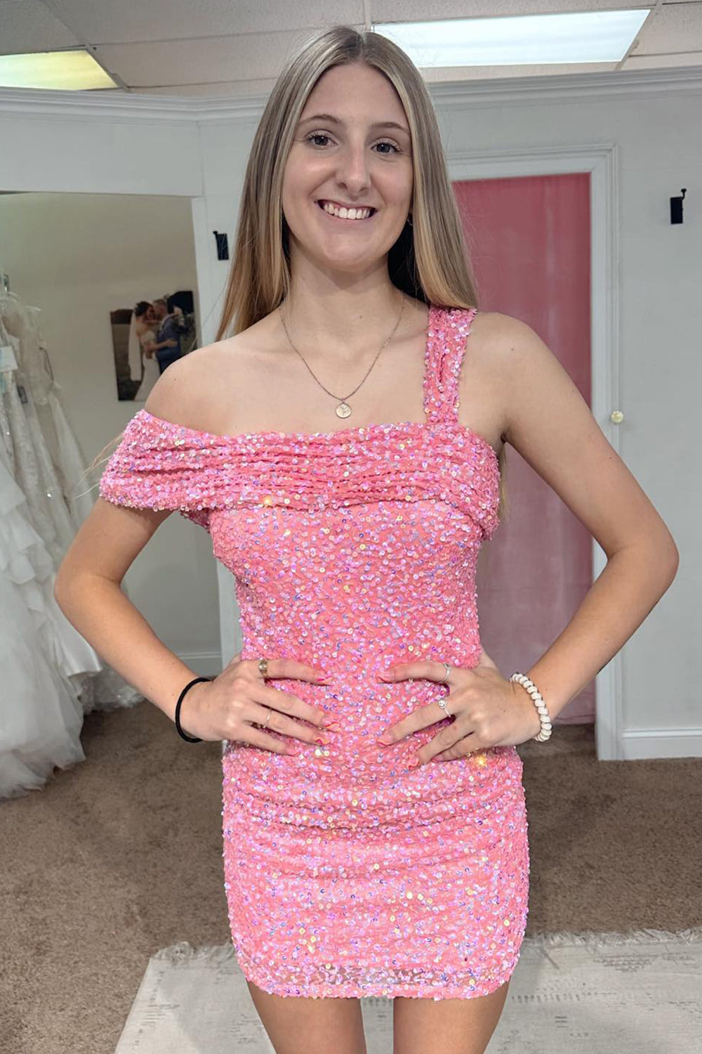 One Shoulder Pink Homecoming Dresses Sequin Tight Short Cocktail Dresses