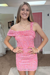 One Shoulder Pink Homecoming Dresses Sequin Tight Short Cocktail Dresses