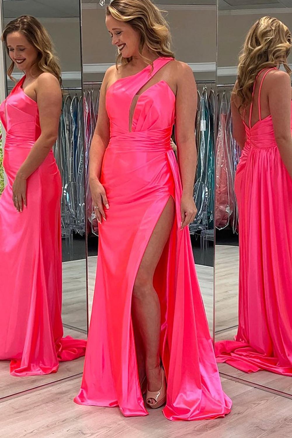One Shoulder Pink Prom Dress Satin Long Formal Dress With Slit