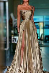 One Shoulder Prom Dress Gold Sequined Sleeveless Long Evening Formal Dress With High Split