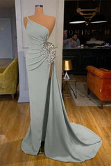 One Shoulder Prom Dress Green Sleeveless Mermaid Long Evening Formal Dress With Split