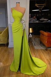 One Shoulder Prom Dress Green Sleeveless Mermaid Long Evening Formal Dress With Split