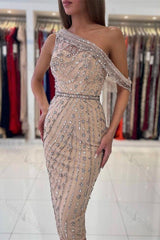 One Shoulder Prom Dress Knee Length Sheath Short Evening Formal Dress With Crystals