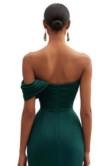 One Shoulder Ruched Mermaid Dark Green Wedding Guest Dress Long Formal Dress
