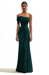 One Shoulder Ruched Mermaid Dark Green Wedding Guest Dress Long Formal Dress