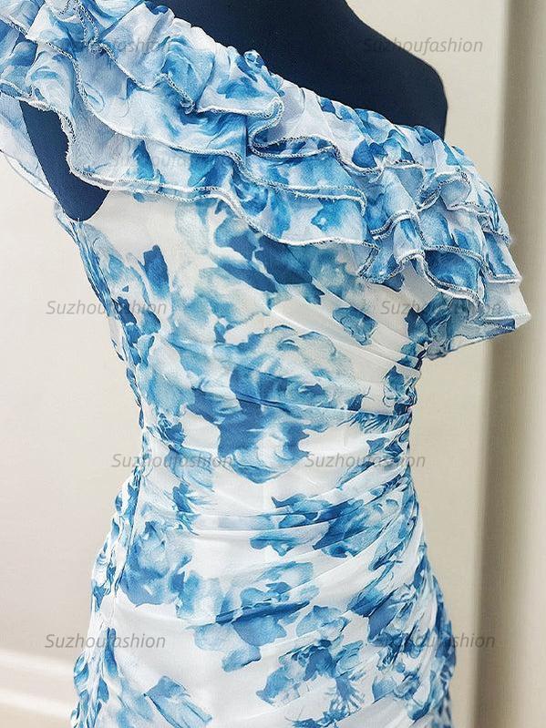 One Shoulder Ruffled Ruched Empire Floral Homecoming Dress