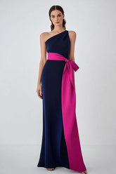 One Shoulder Satin Navy Fuchsia Wedding Guest Dress Long Formal Dress