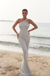One Shoulder Satin Prom Dress Beaded Mermaid Formal Dress