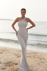 One Shoulder Satin Prom Dress Beaded Mermaid Formal Dress
