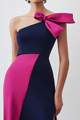 One Shoulder Sheath Navy Fuchsia Wedding Guest Dress Long Formal Dress With Slit