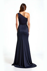 One Shoulder Sheath Navy Wedding Guest Dress Long Formal Dress