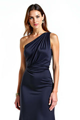 One Shoulder Sheath Navy Wedding Guest Dress Long Formal Dress